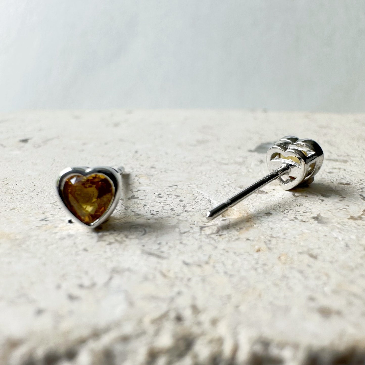 14K Solid White Gold Genuine Yellow Sapphire Bezel Heart Studs/Pair