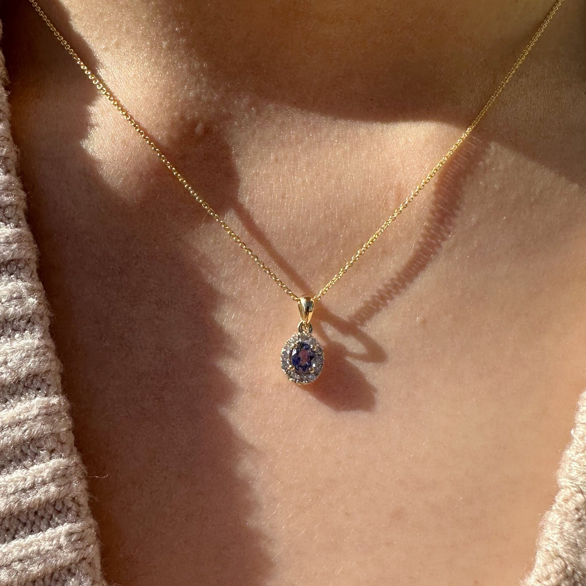 14K Solid Gold Genuine Diamond and Tanzanite Pendant