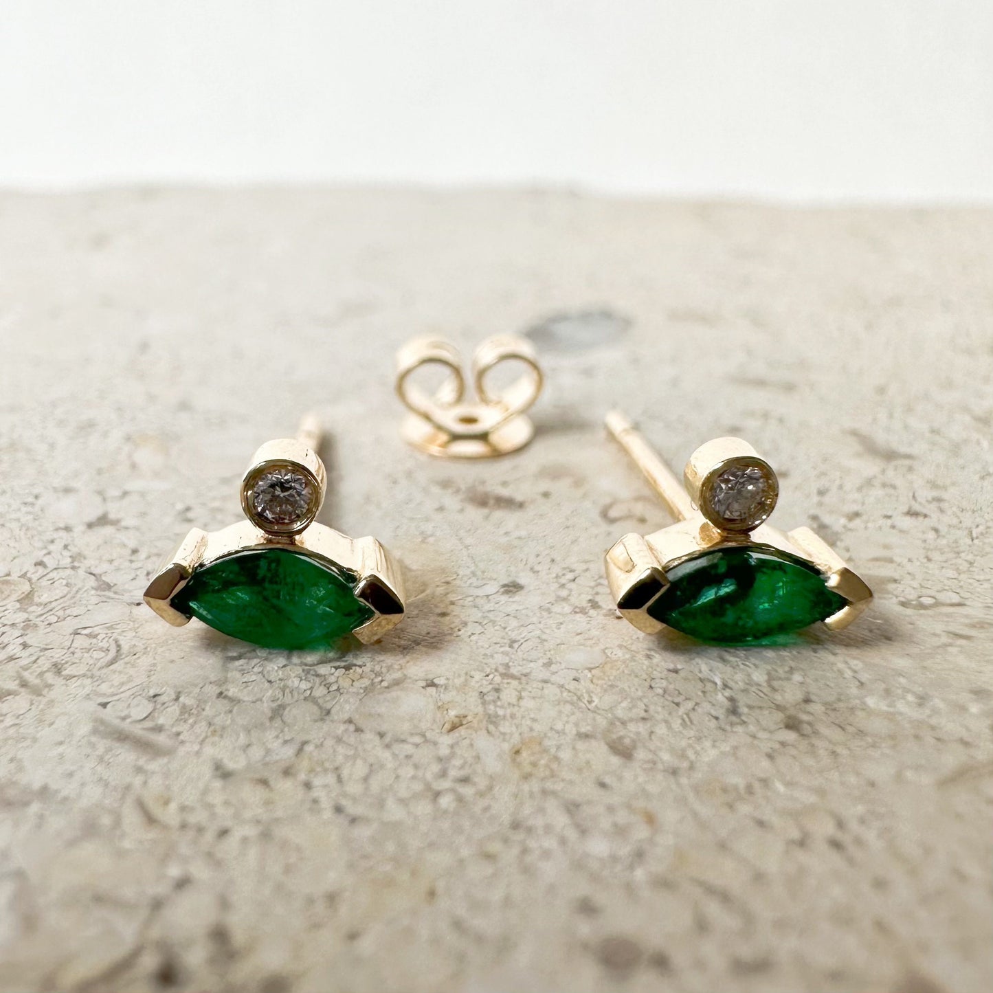 14K Solid Gold Genuine Marquise Emerald and Diamond Stacked Studs/Pair