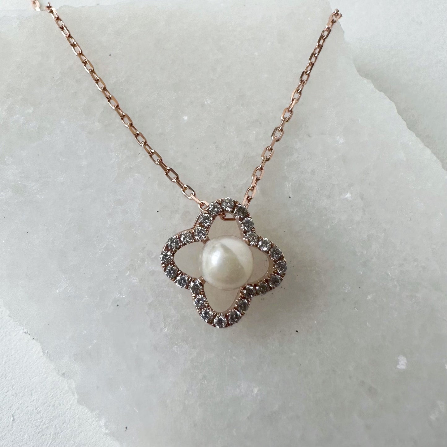14K Solid Gold Genuine Akoya Pearl and Diamond Clover Necklace