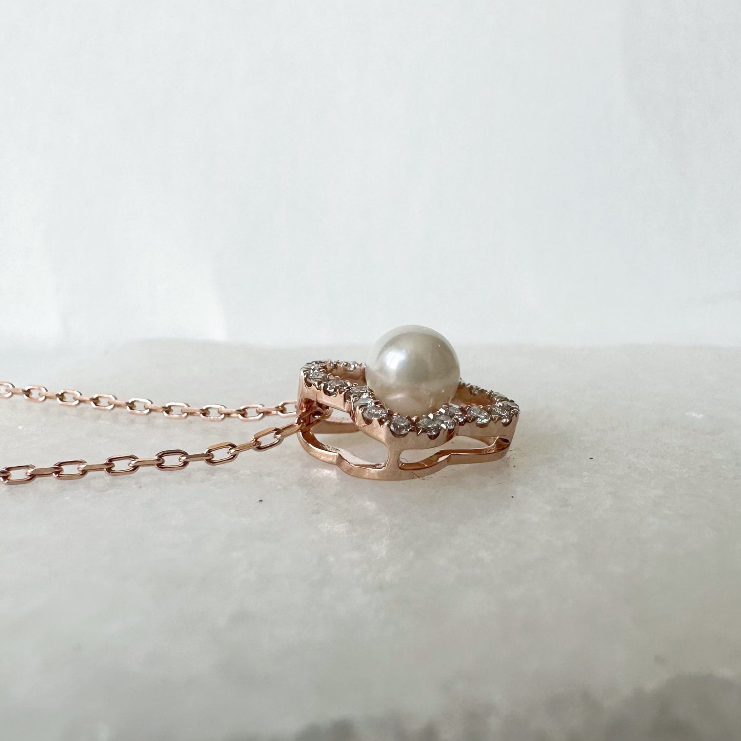 14K Solid Gold Genuine Akoya Pearl and Diamond Clover Necklace