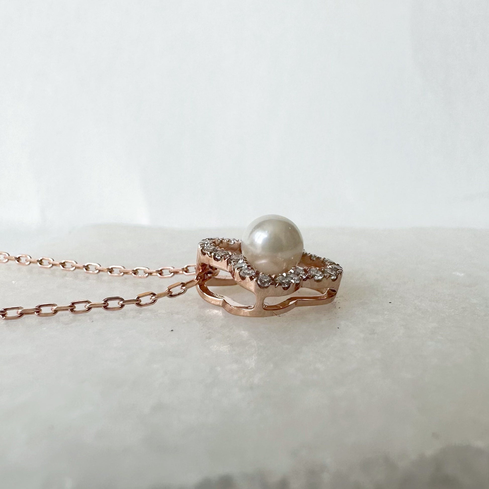 14K Solid Gold Genuine Akoya Pearl and Diamond Clover Necklace