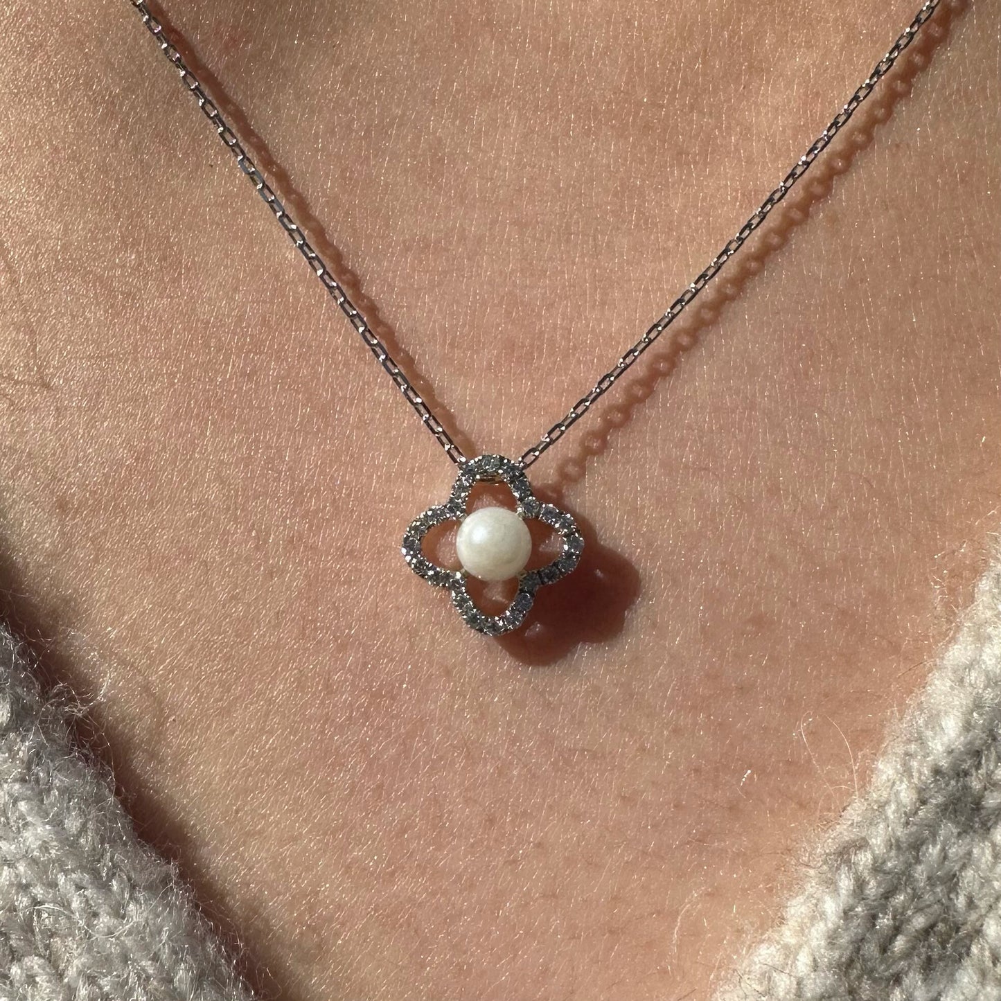 14K Solid Gold Genuine Akoya Pearl and Diamond Clover Necklace