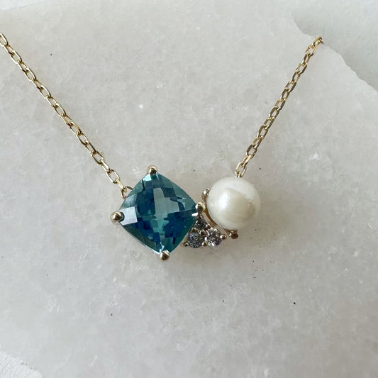 14K Solid Gold Genuine Blue Topaz, Pearl, and Diamond Necklace