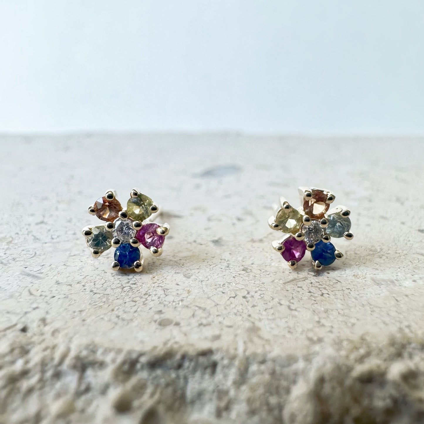 14K Solid Gold Genuine Rainbow Sapphire and Diamond Flower Studs/Pair