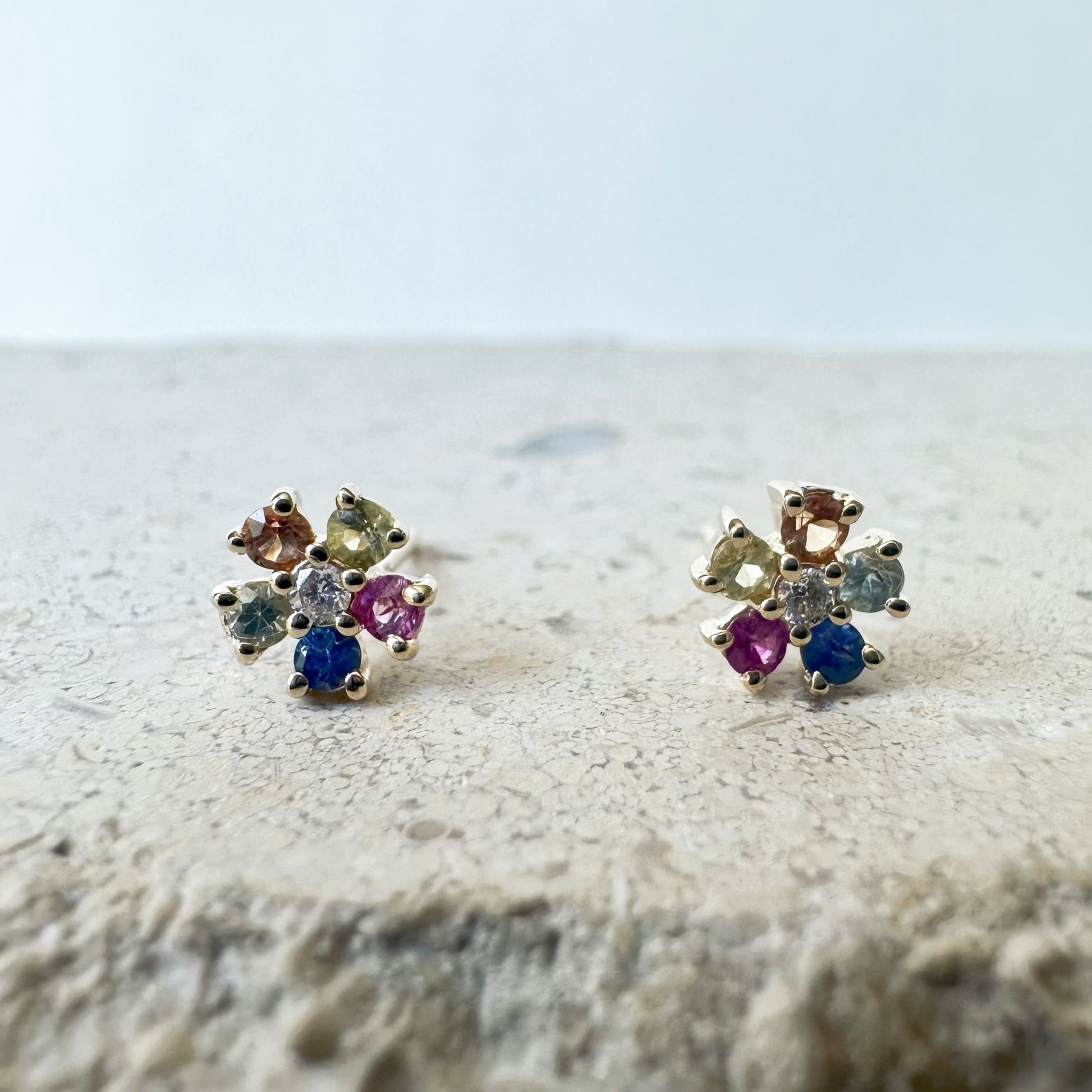 14K Solid Gold Genuine Rainbow Sapphire and Diamond Flower Studs/Pair