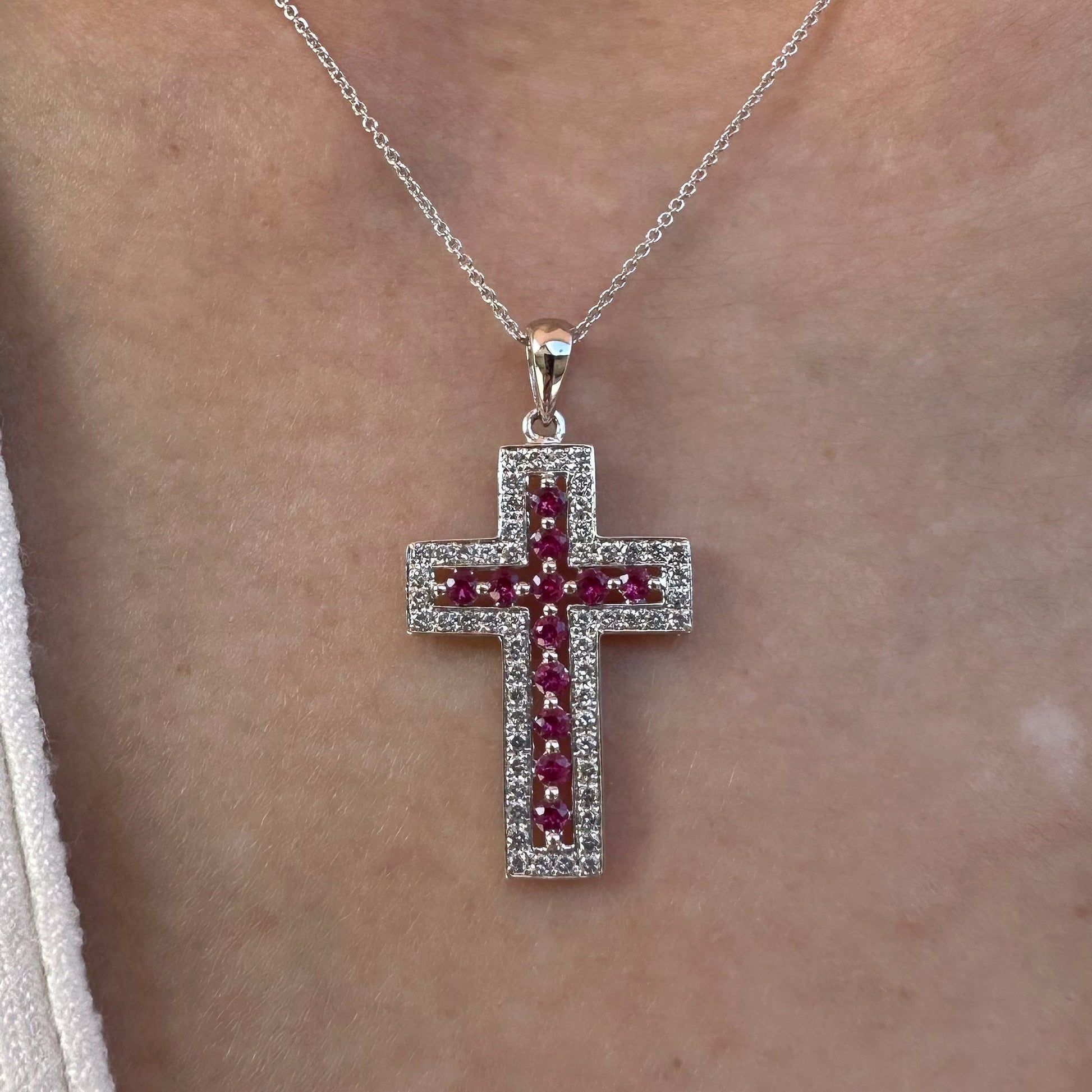 14K Solid White Gold Genuine Ruby and Diamond Cross Pendant (pendant only)