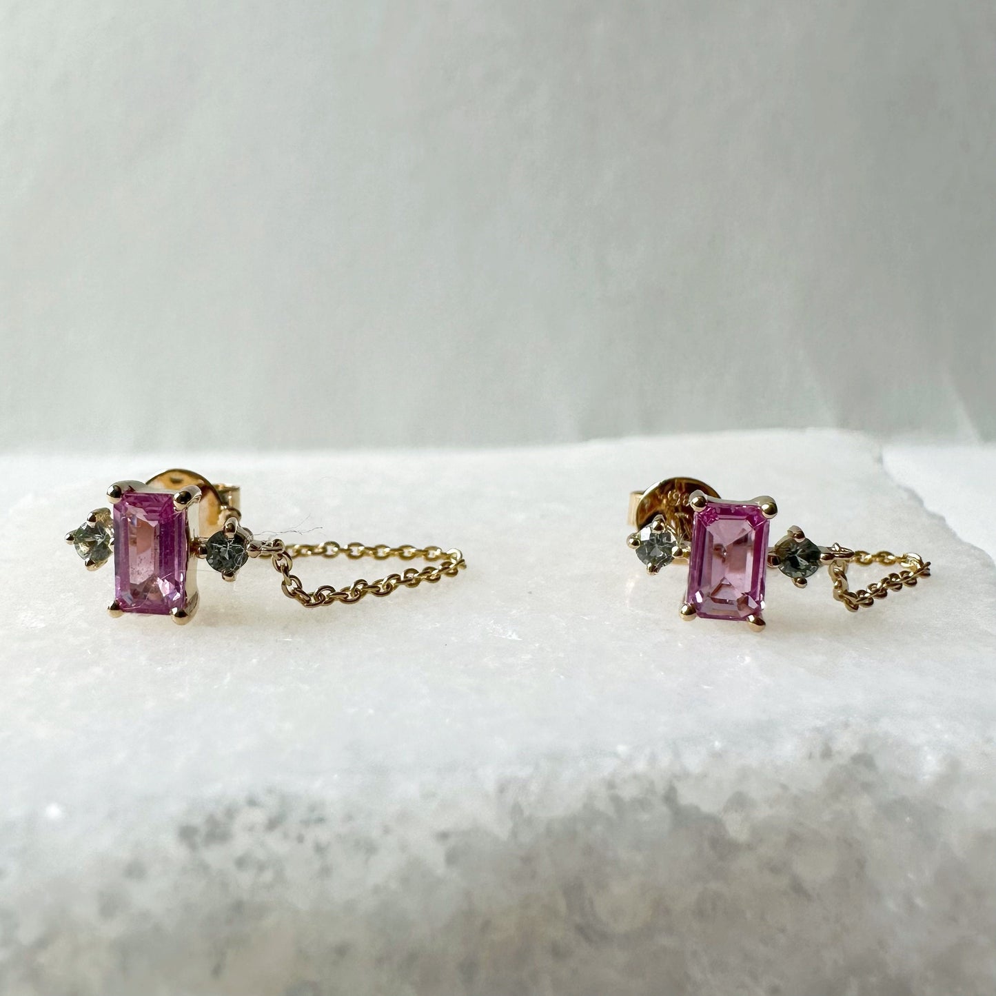 14K Solid Gold Genuine Pink Sapphire and Green Sapphire Chain Earrings