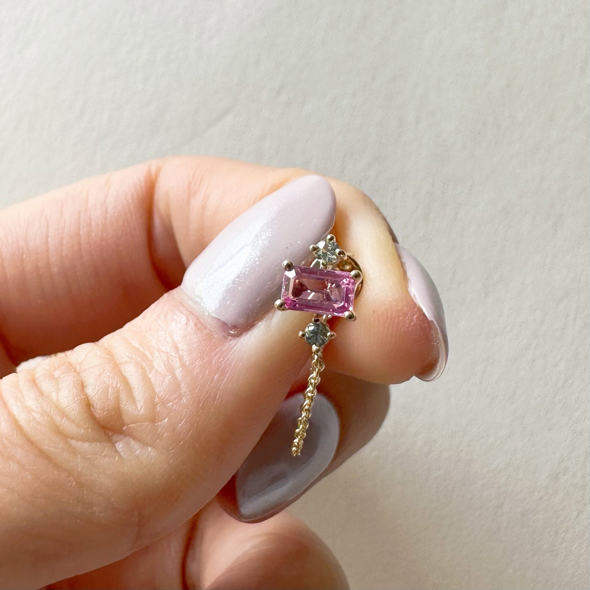 14K Solid Gold Genuine Pink Sapphire and Green Sapphire Chain Earrings