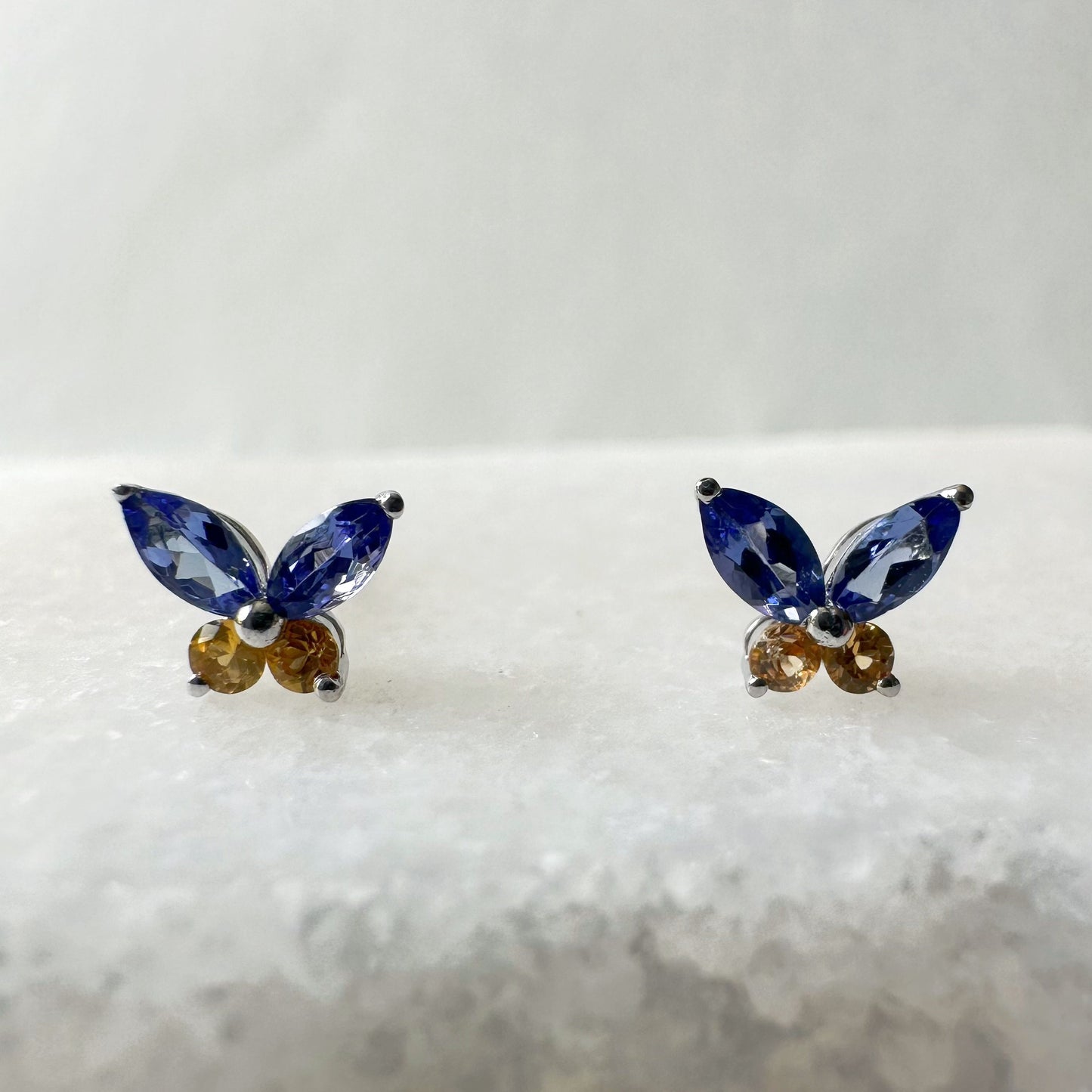 14K Solid Gold Genuine Tanzanite and Orange Sapphire Butterfly Studs/Pair