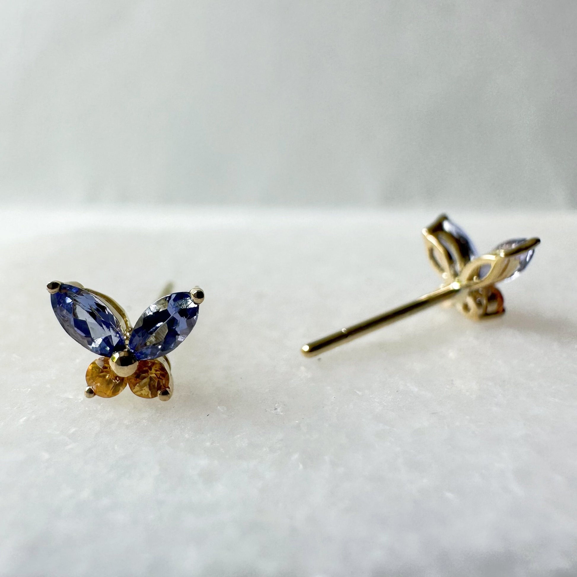 14K Solid Gold Genuine Tanzanite and Orange Sapphire Butterfly Studs/Pair