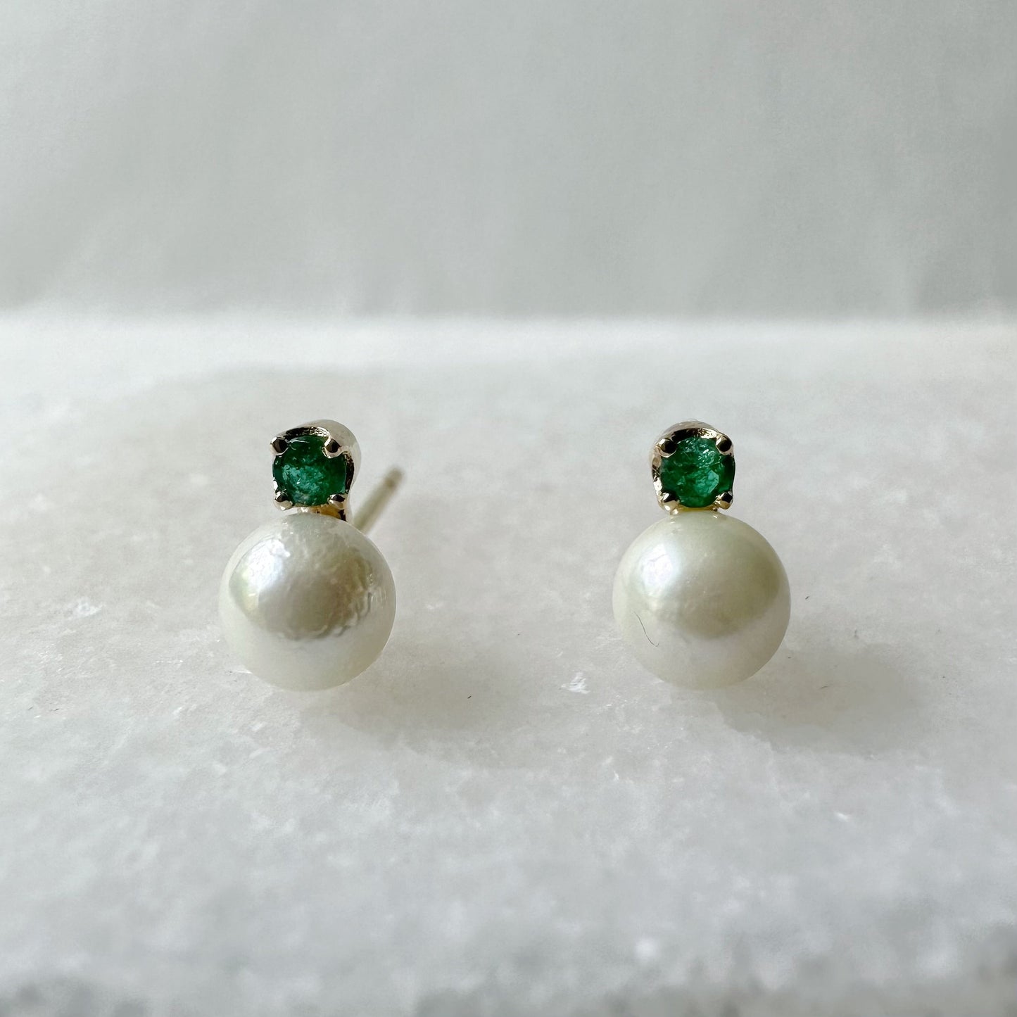 14K Solid Gold Genuine Akoya Pearl and Emerald Studs/Pair