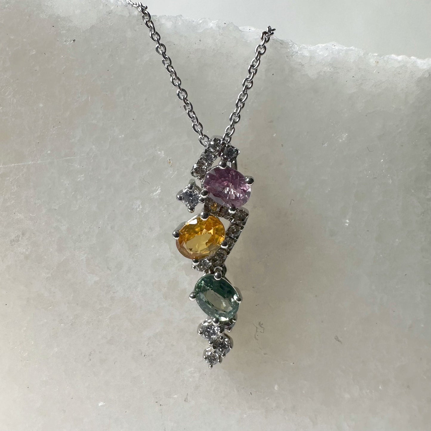 18K Solid Gold Genuine Rainbow Sapphire and Diamond Pendant (pendant only)