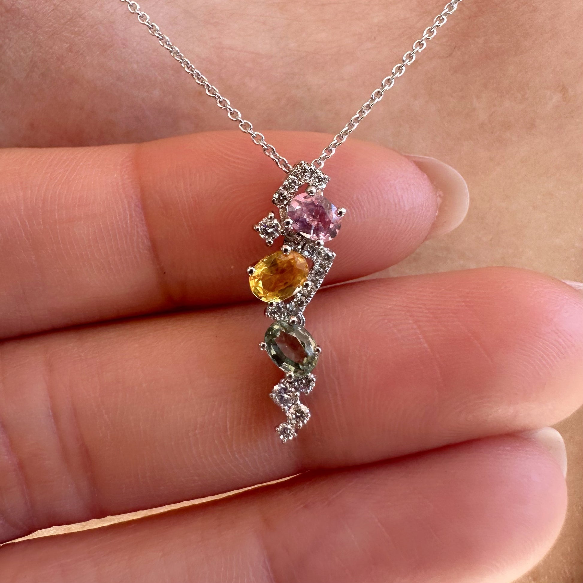 18K Solid Gold Genuine Rainbow Sapphire and Diamond Pendant (pendant only)