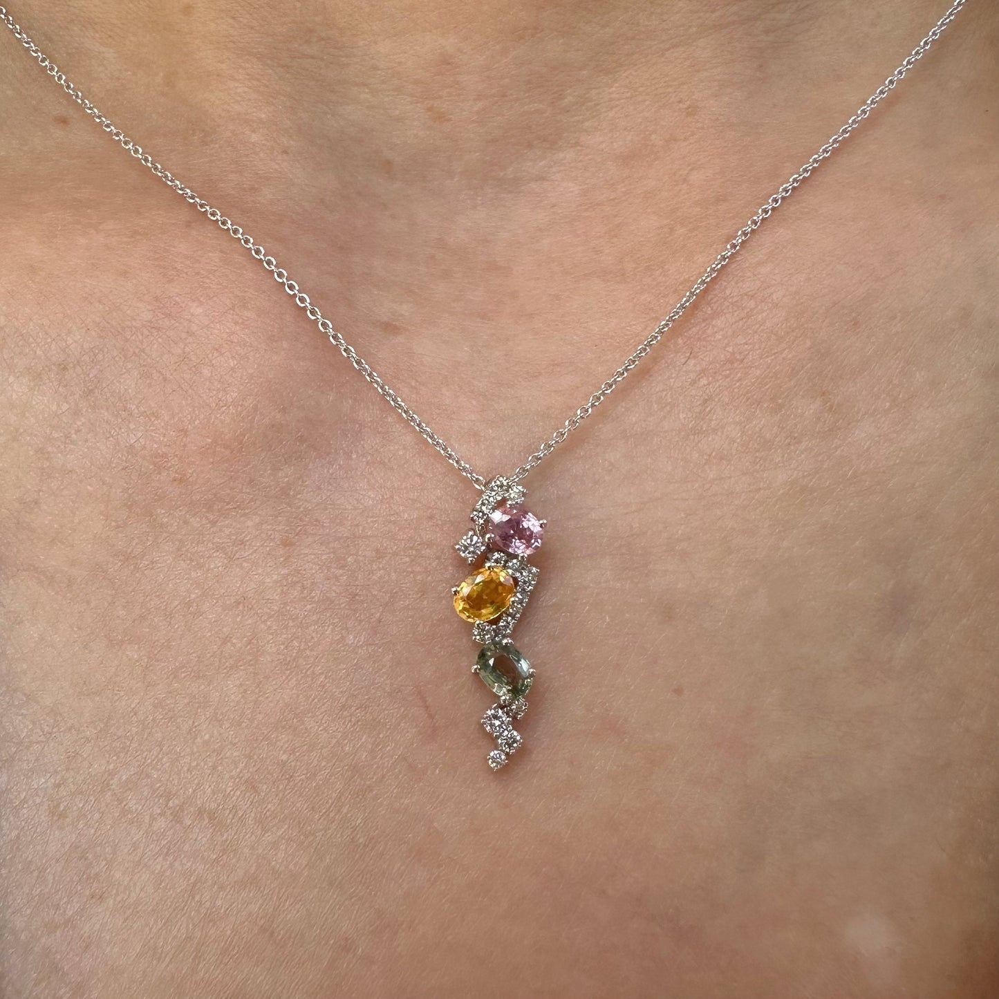 18K Solid Rose Gold Genuine Rainbow Sapphire and Diamond Pendant (pendant only)