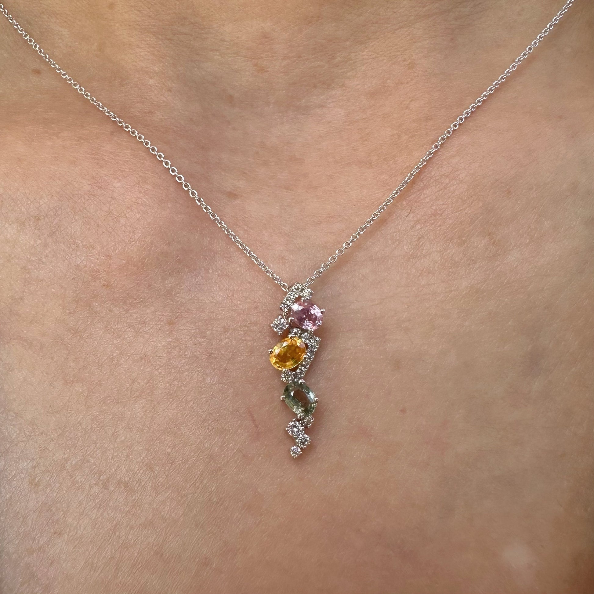 18K Solid Rose Gold Genuine Rainbow Sapphire and Diamond Pendant (pendant only)
