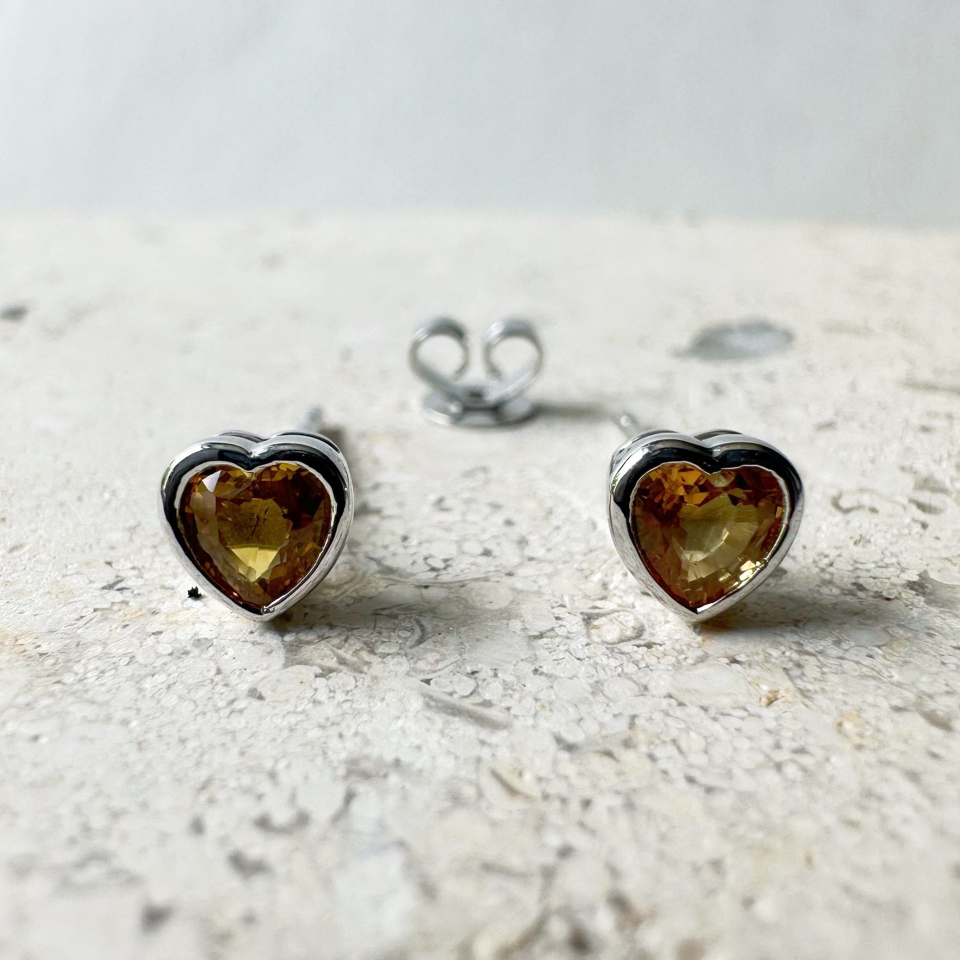 14K Solid White Gold Genuine Yellow Sapphire Bezel Heart Studs/Pair