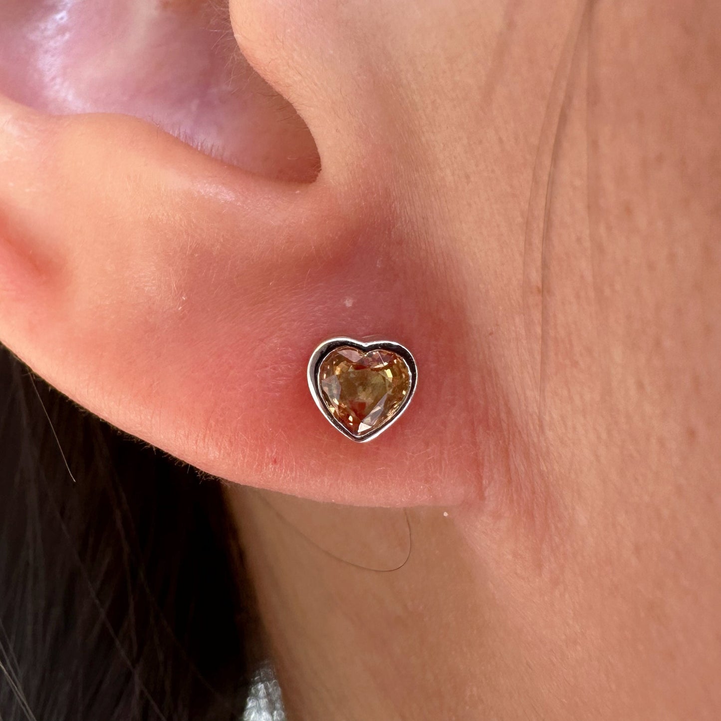 14K Solid White Gold Genuine Yellow Sapphire Bezel Heart Studs/Pair