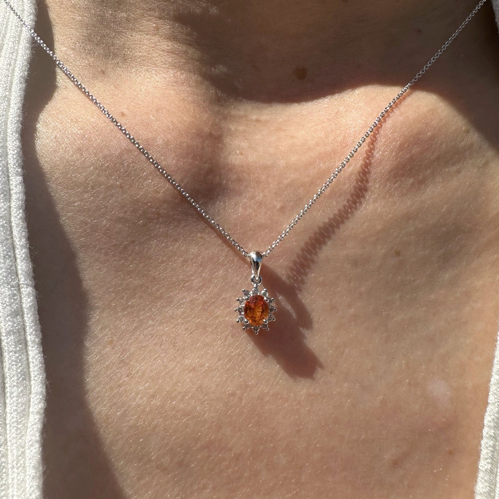 14K Solid Gold Orange Sapphire and Diamond Halo Pendant