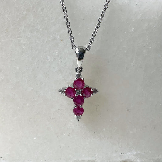 18K Solid White Gold Genuine Ruby and Diamond Dainty Cross Pendant (pendant only)