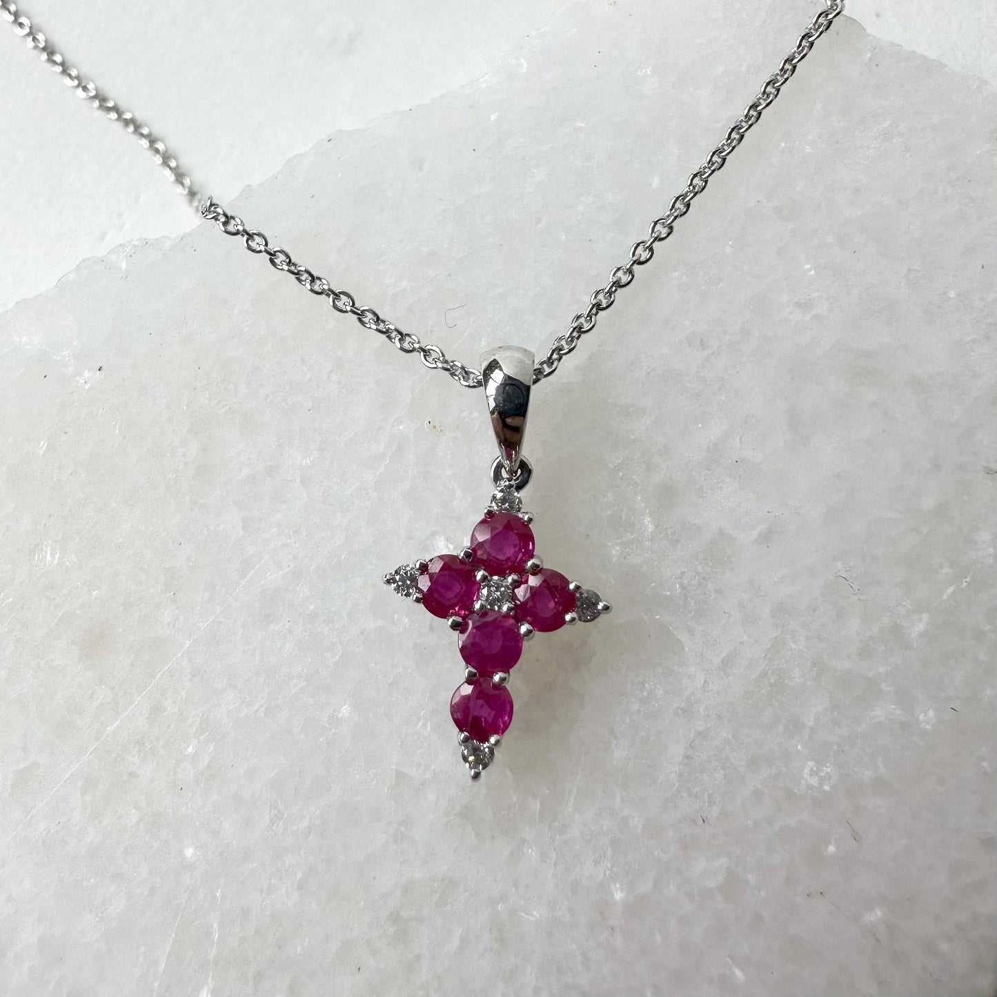 18K Solid White Gold Genuine Ruby and Diamond Dainty Cross Pendant (pendant only)