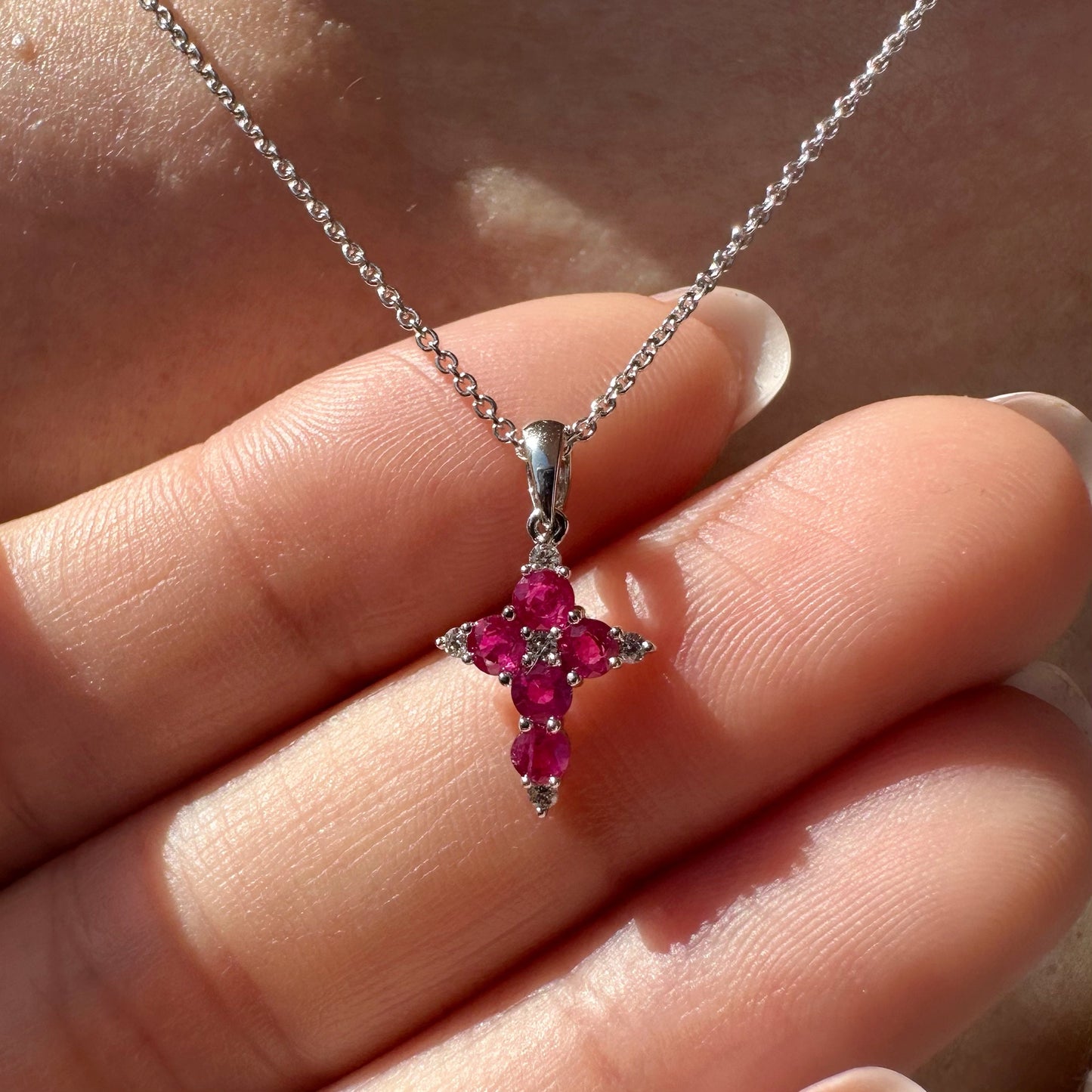 18K Solid White Gold Genuine Ruby and Diamond Dainty Cross Pendant (pendant only)