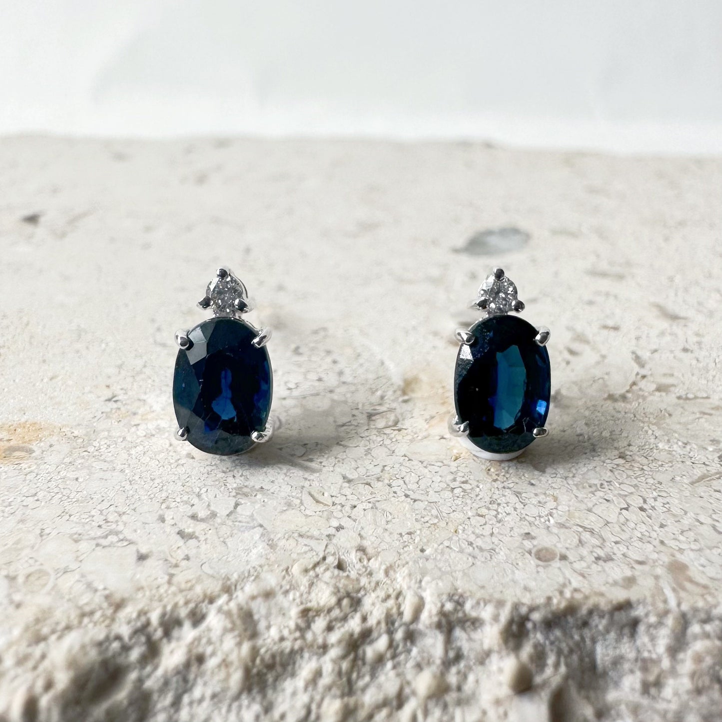 14K Solid Gold Genuine 1.21 Carat Sapphire and Diamond Oval Studs/Pair