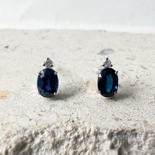 14K Solid Gold Genuine 1.21 Carat Sapphire and Diamond Oval Studs/Pair