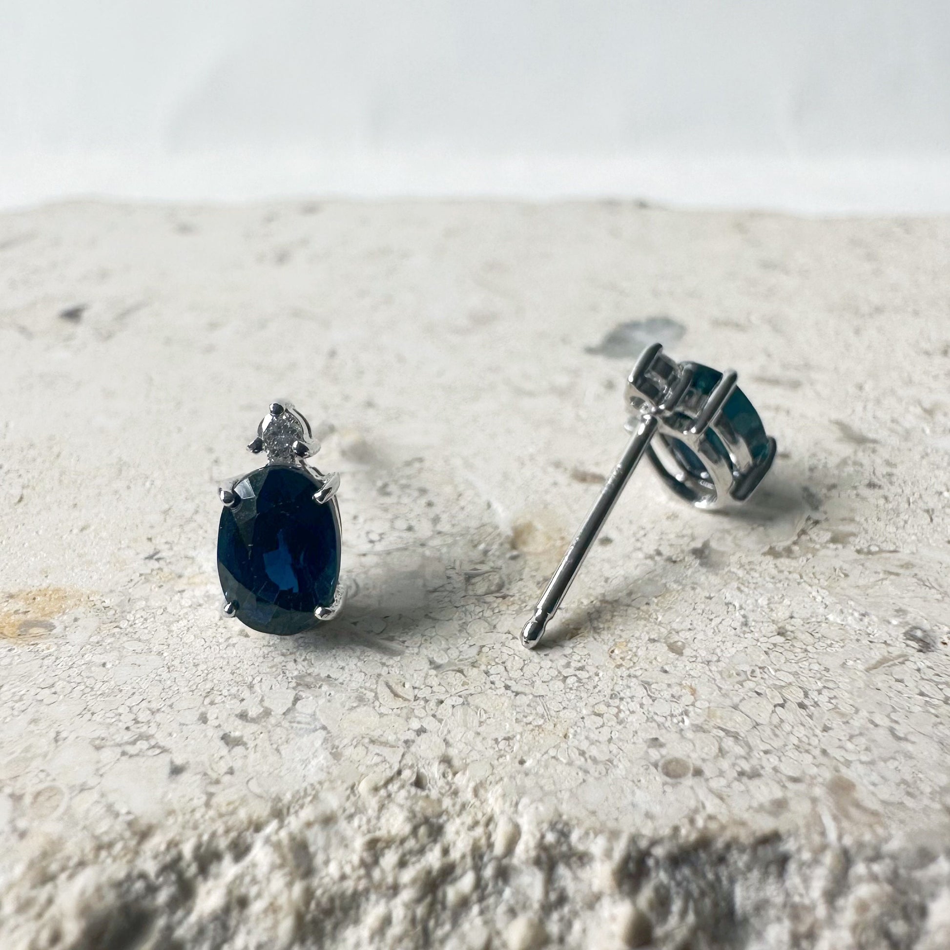 14K Solid Gold Genuine 1.33 Carat Sapphire and Diamond Oval Studs/Pair