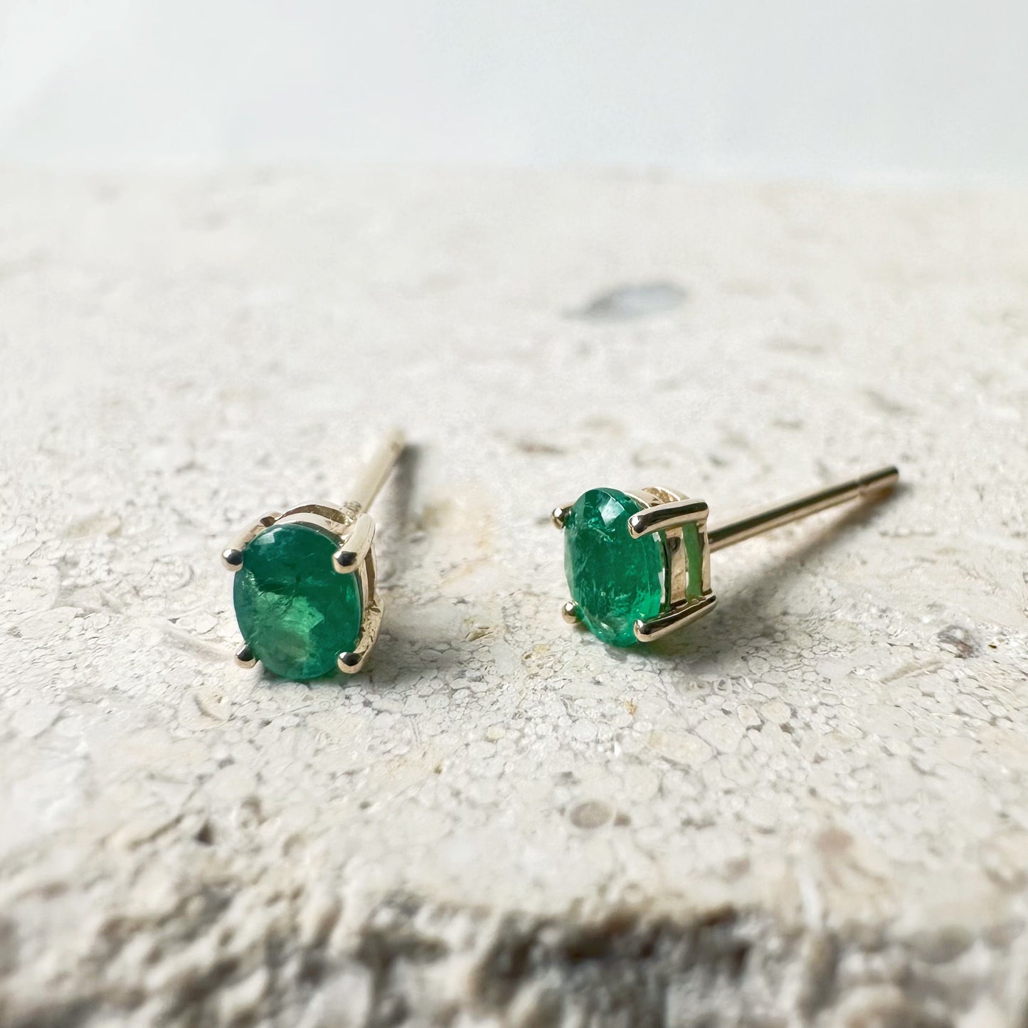 14K Solid Gold Genuine Emerald Studs