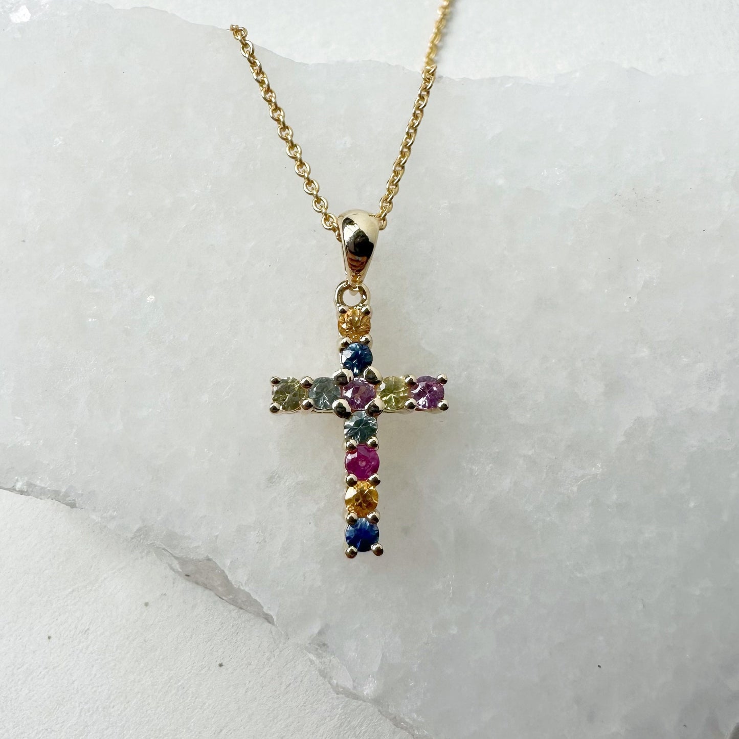 14K Solid Gold Genuine Color Sapphire Rainbow Cross Pendant