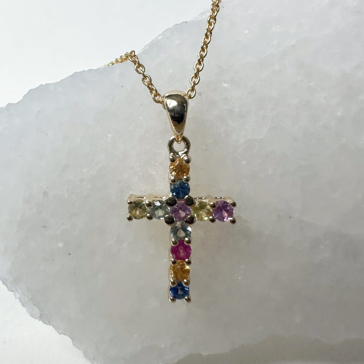 14K Solid Gold Genuine Color Sapphire Rainbow Cross Pendant