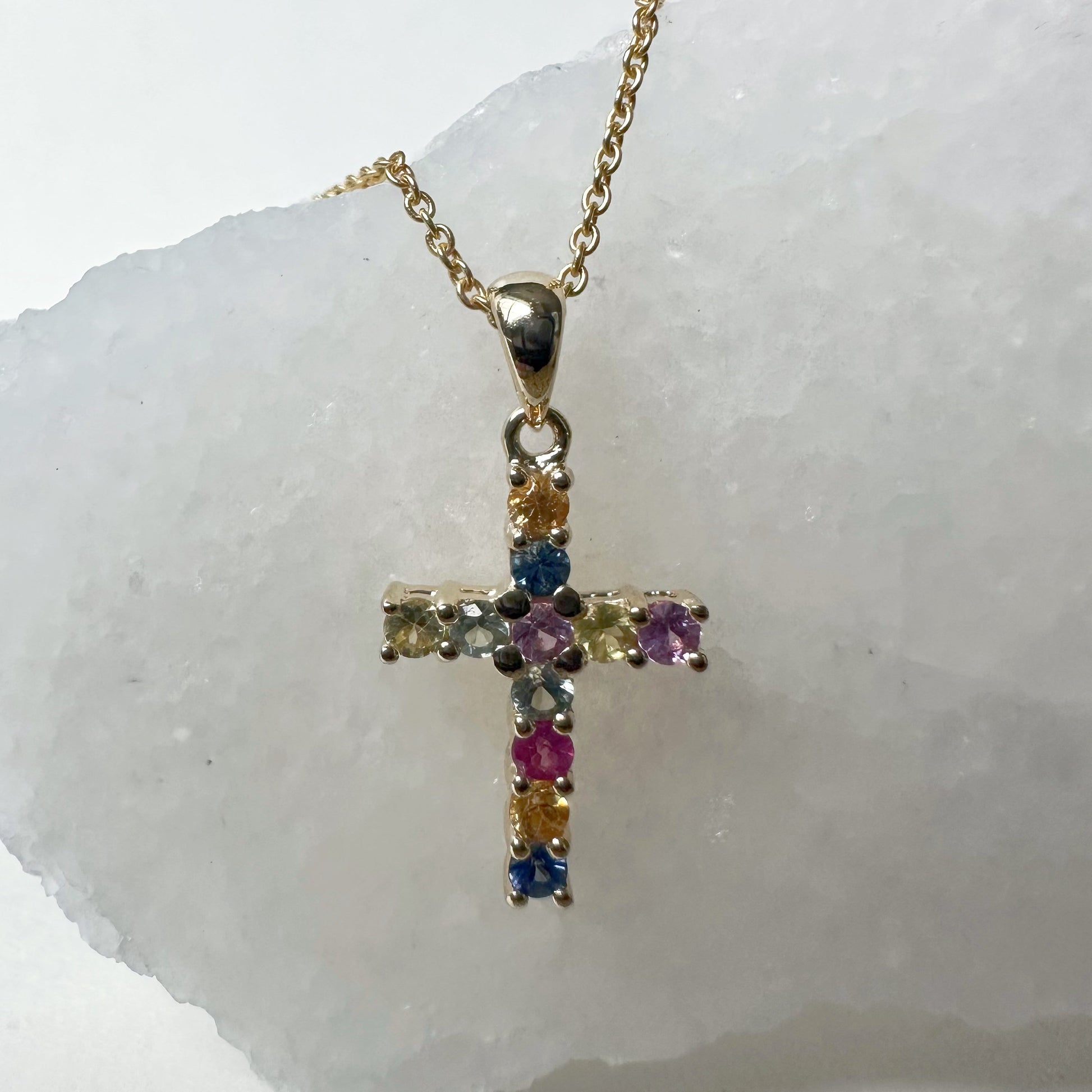 14K Solid Gold Genuine Color Sapphire Rainbow Cross Pendant