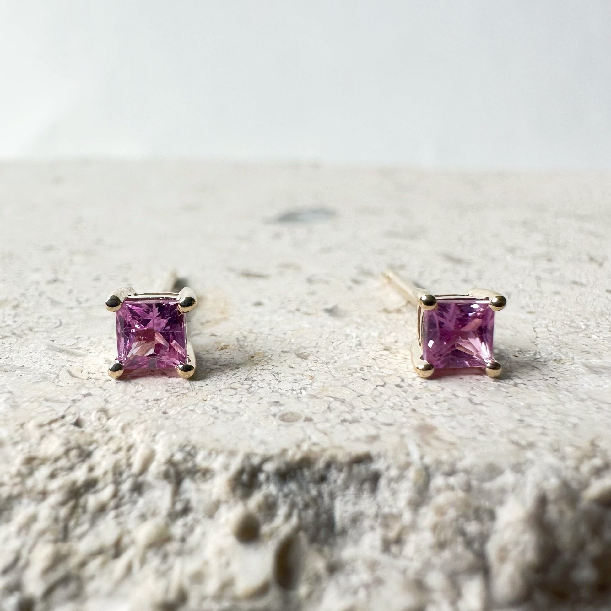 14K Solid Gold Natural Pink Sapphire Stud Earrings | Genuine Pink Sapphire Earrings | 3mm Dainty Studs | September Birthstone