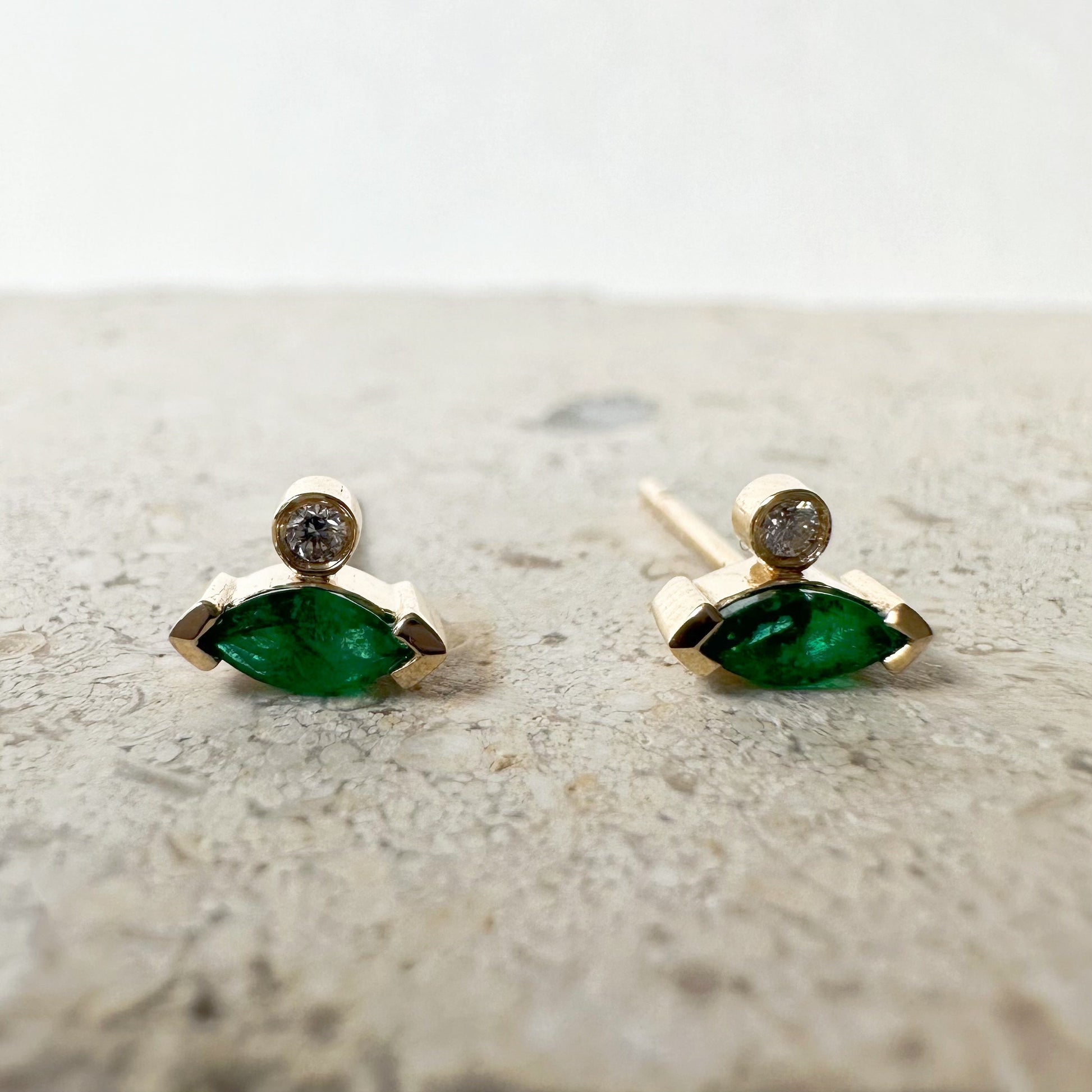 14K Solid Gold Genuine Marquise Emerald and Diamond Stacked Studs/Pair