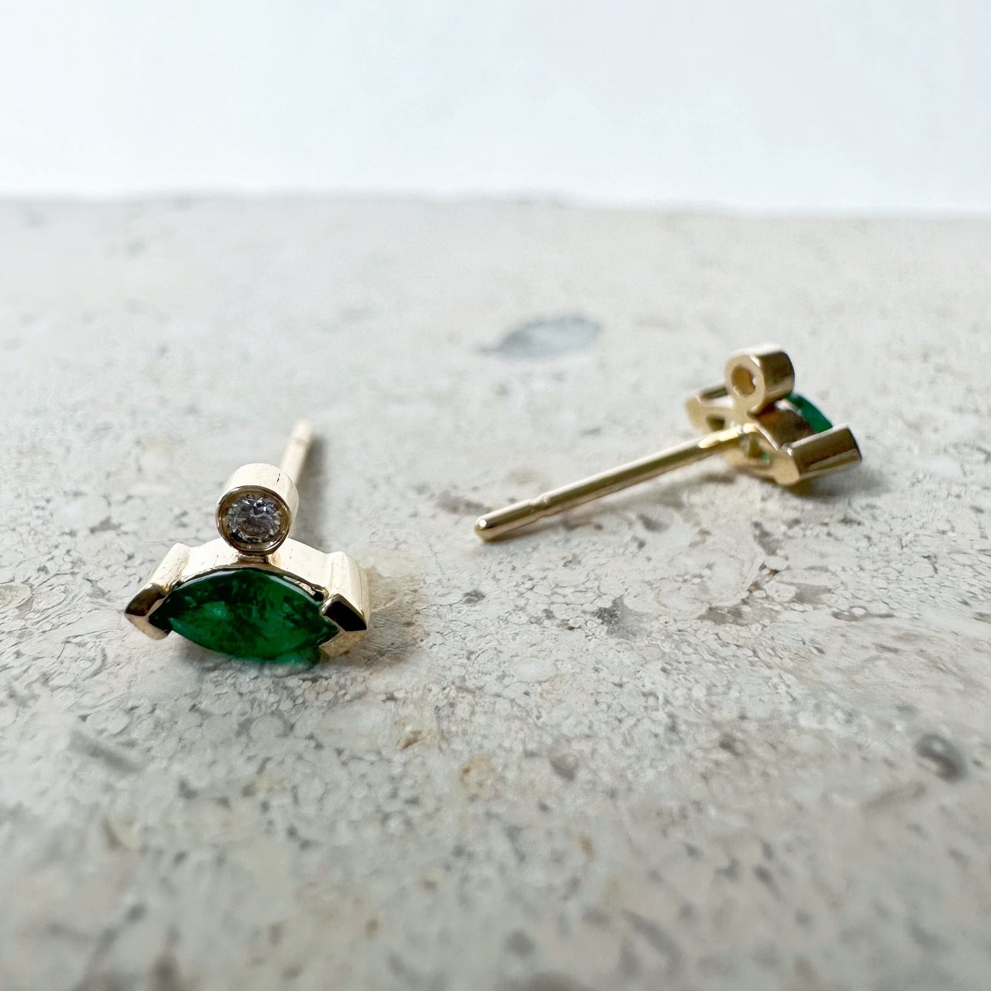 14K Solid Gold Genuine Marquise Emerald and Diamond Stacked Studs/Pair