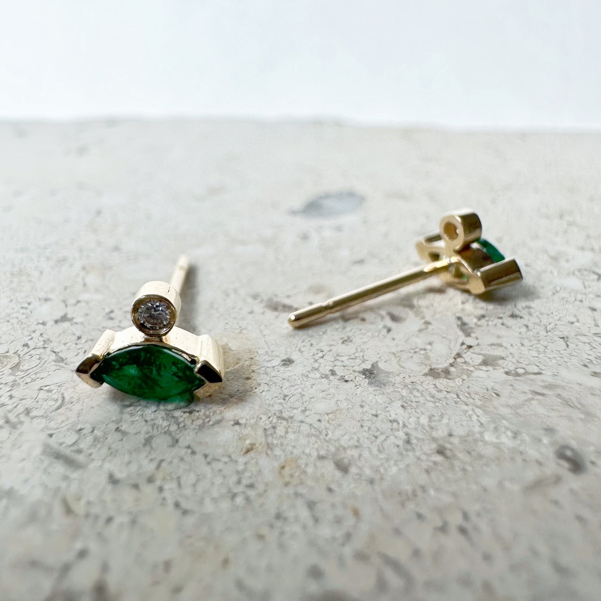 14K Solid Gold Genuine Marquise Emerald and Diamond Stacked Studs/Pair