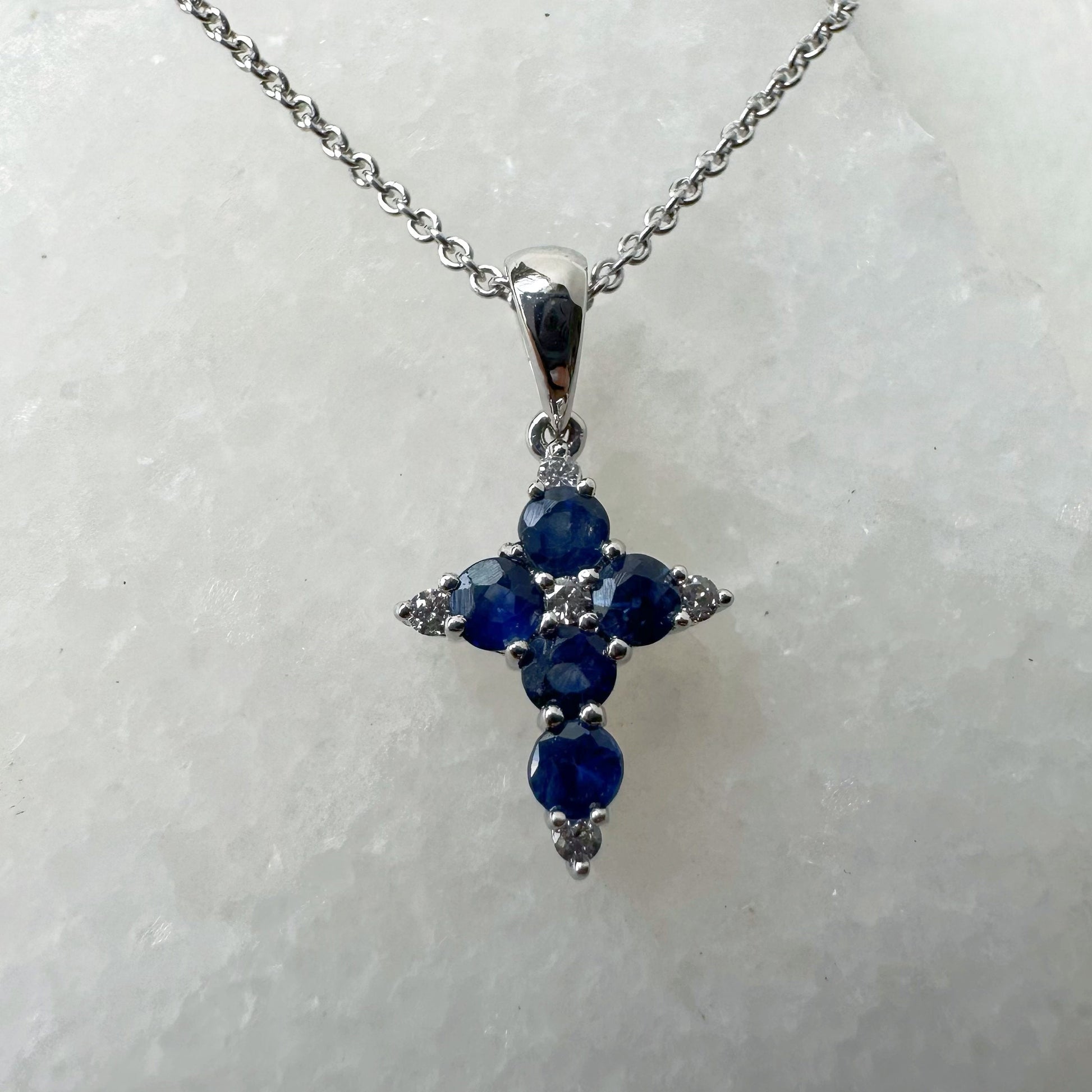 18K Solid White Gold Genuine Sapphire and Diamond Dainty Cross Pendant (pendant only)