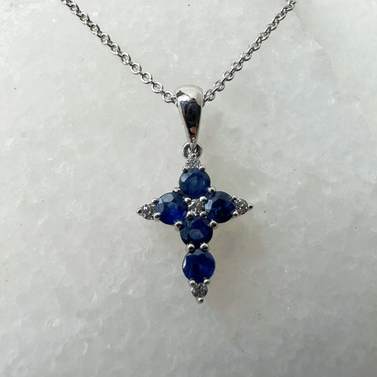 18K Solid White Gold Genuine Sapphire and Diamond Dainty Cross Pendant (pendant only)