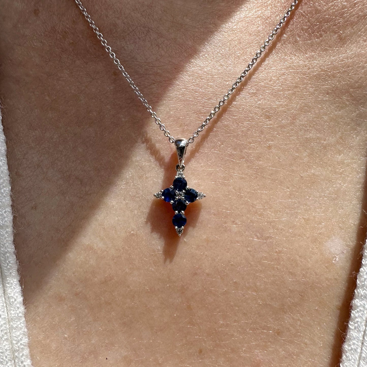 18K Solid White Gold Genuine Sapphire and Diamond Dainty Cross Pendant (pendant only)