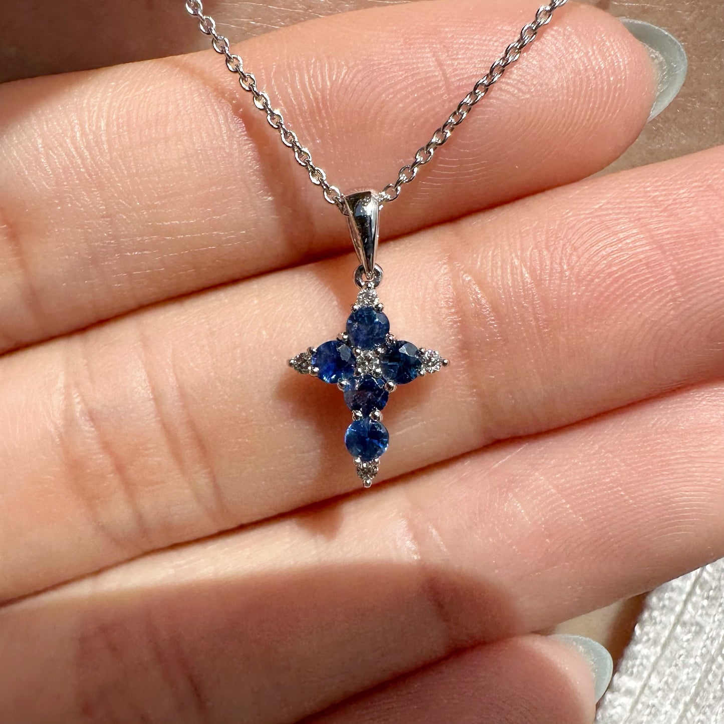 18K Solid White Gold Genuine Sapphire and Diamond Dainty Cross Pendant (pendant only)