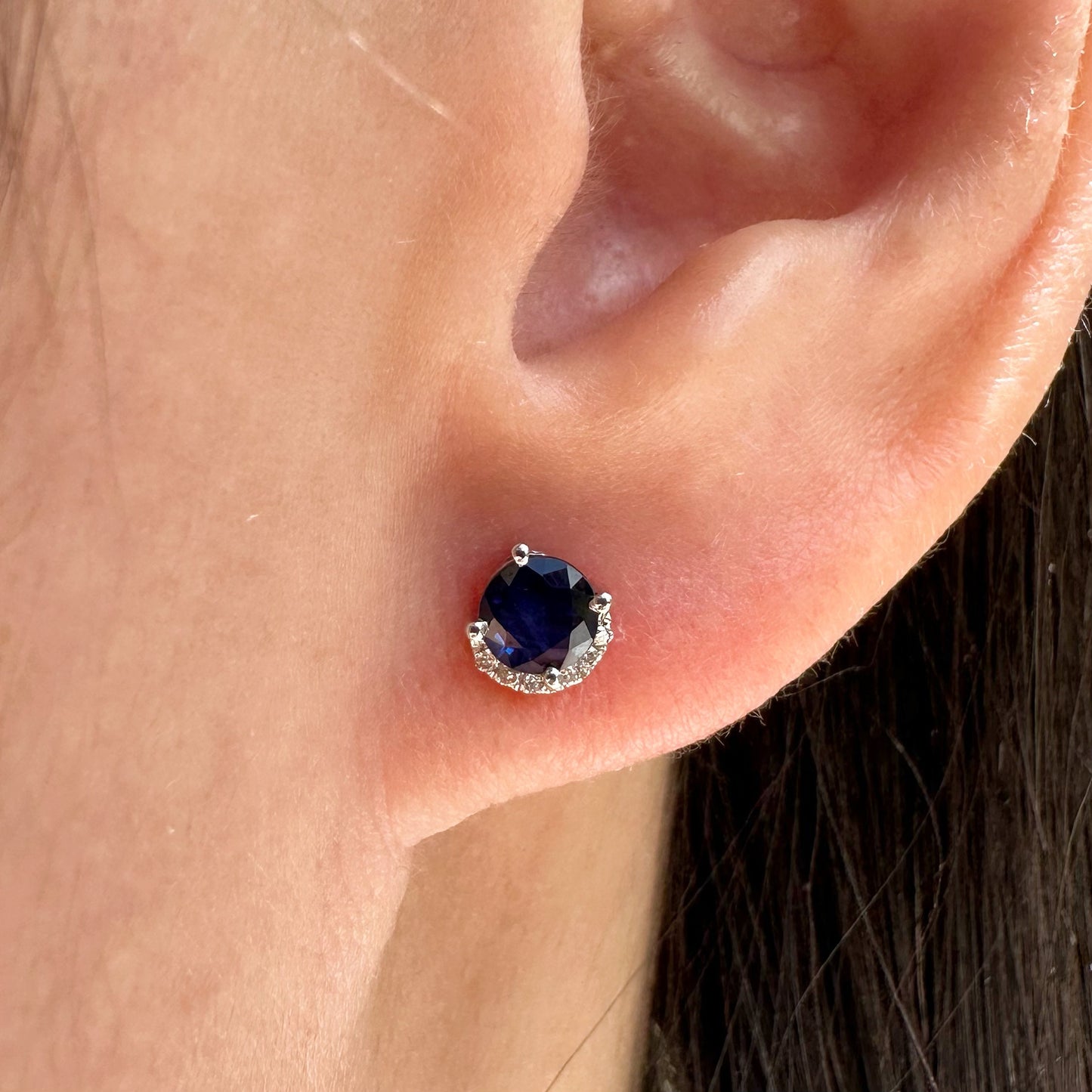 14K Solid White Gold Genuine Sapphire Diamond Curve Studs/Pair