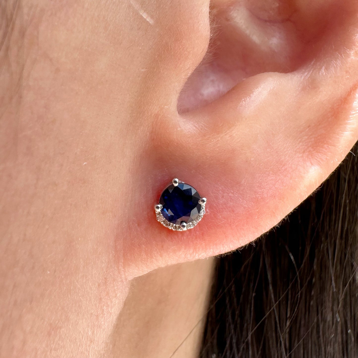 14K Solid White Gold Genuine Sapphire Diamond Curve Studs/Pair