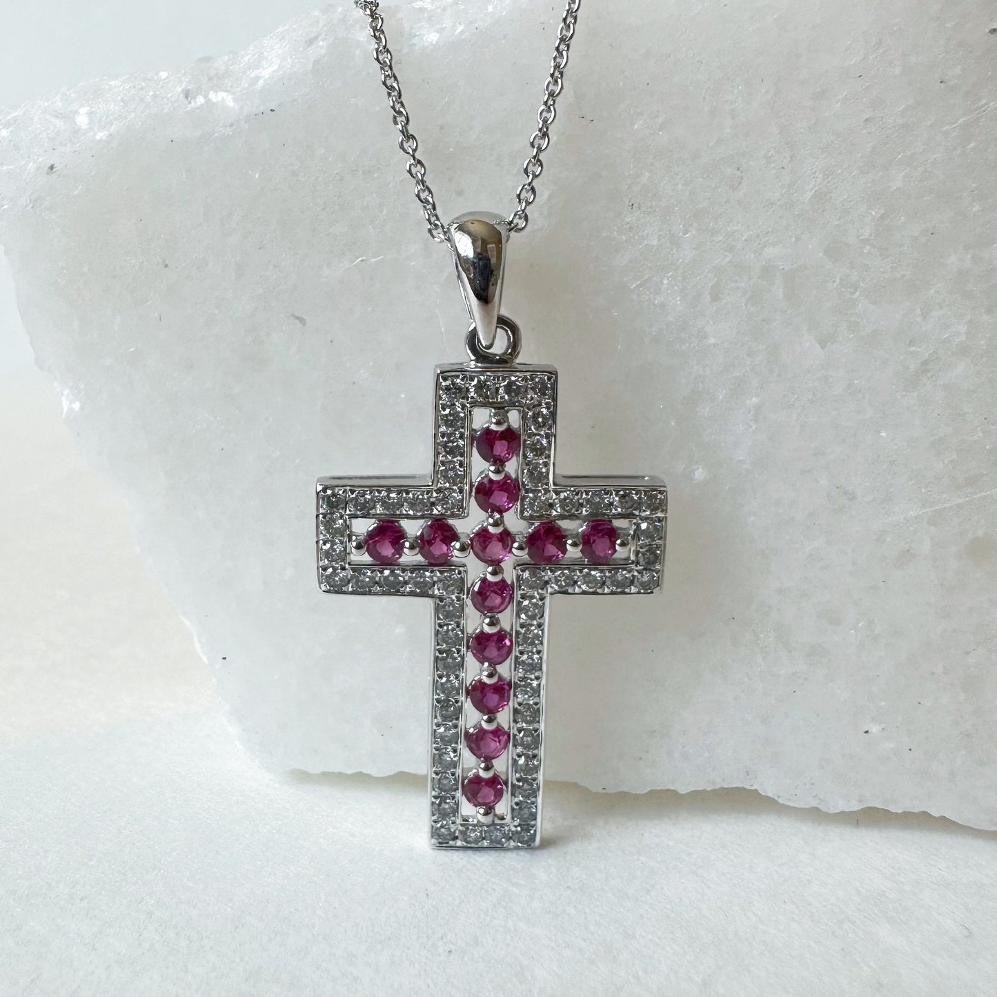 14K Solid White Gold Genuine Ruby and Diamond Cross Pendant (pendant only)