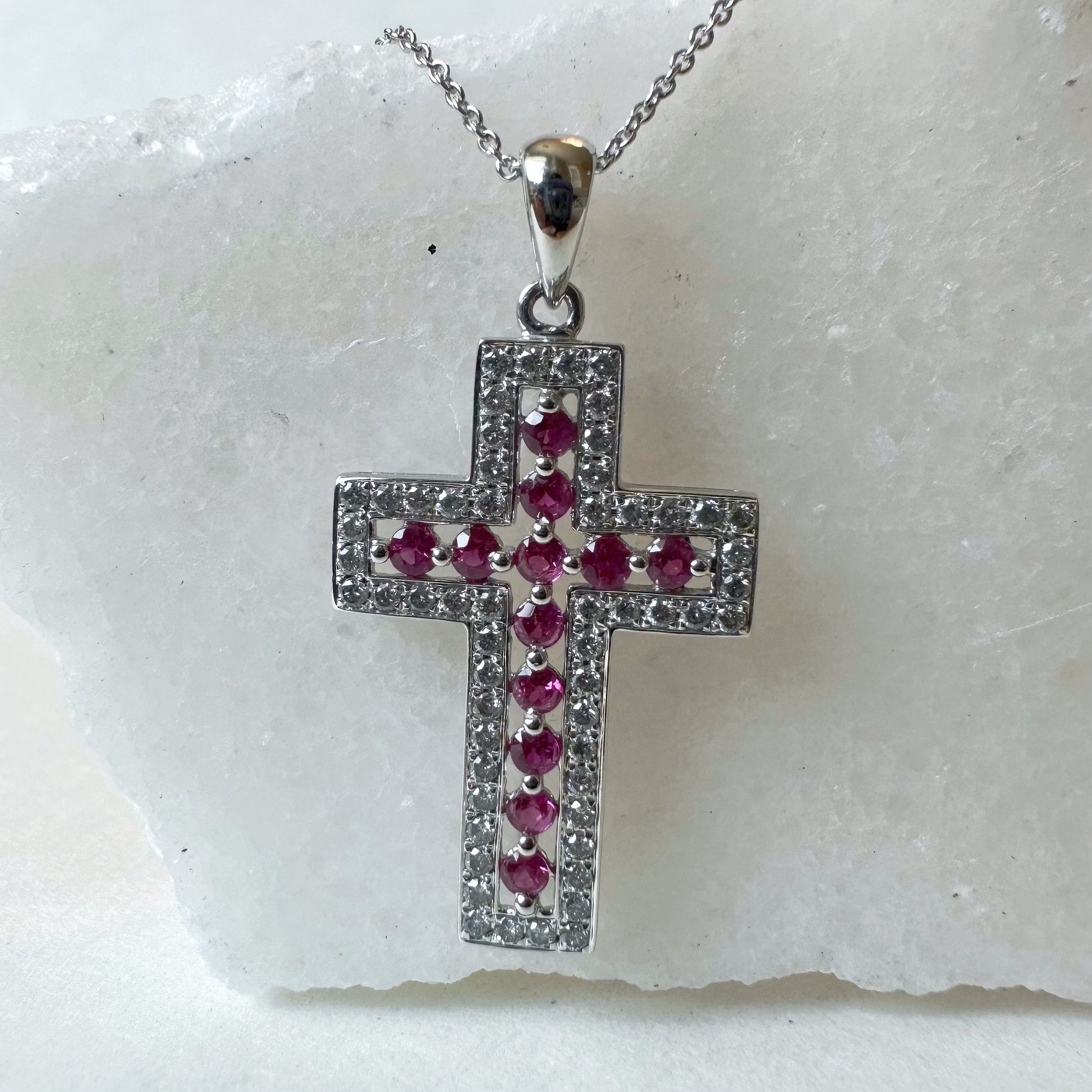 14K Solid White Gold Genuine Ruby and Diamond Cross Pendant (pendant only)