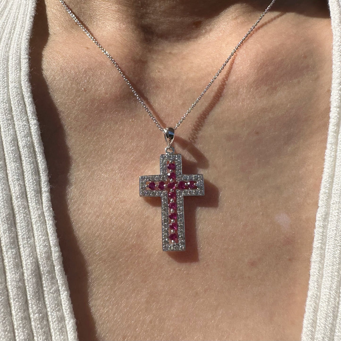 14K Solid White Gold Genuine Ruby and Diamond Cross Pendant (pendant only)