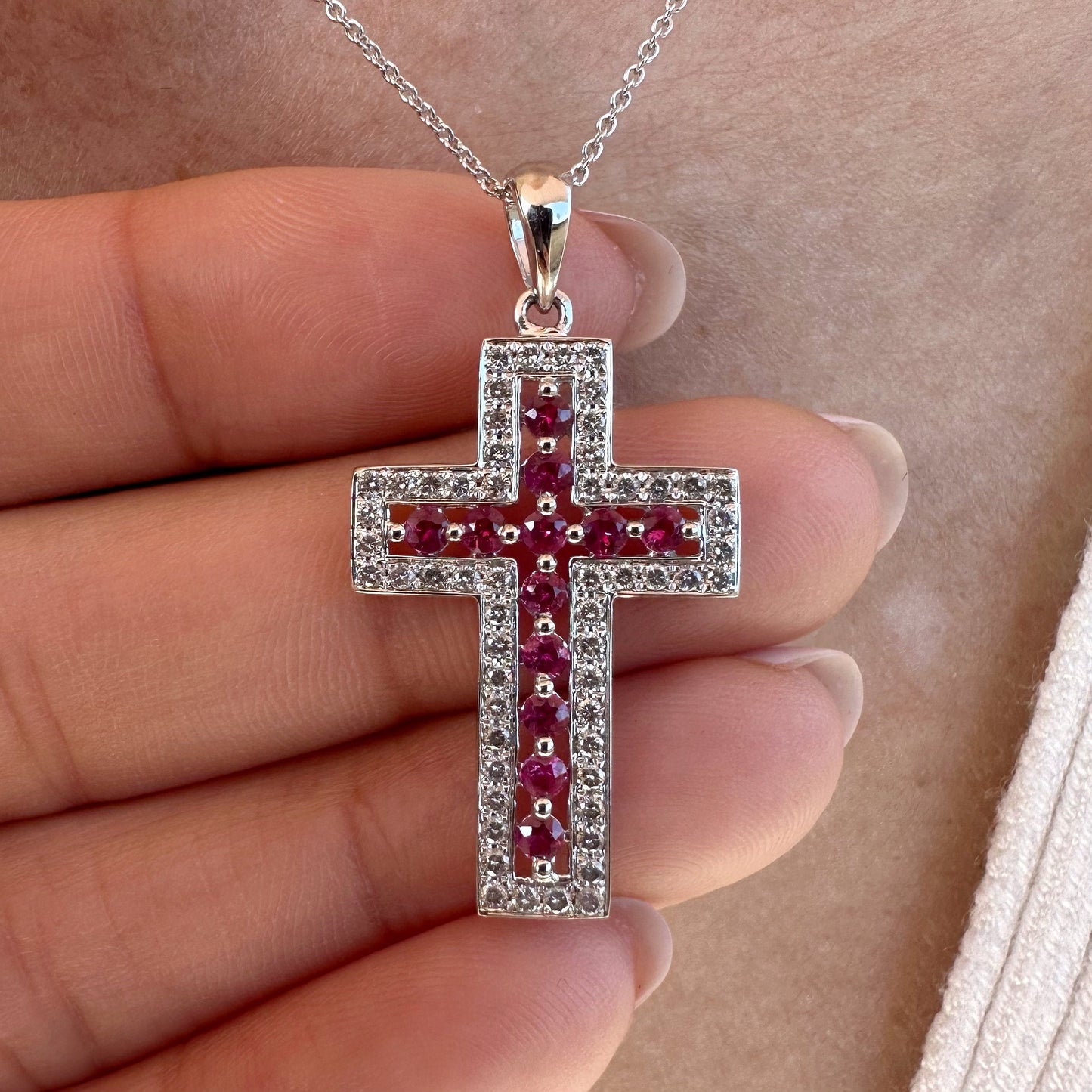 14K Solid White Gold Genuine Ruby and Diamond Cross Pendant (pendant only)