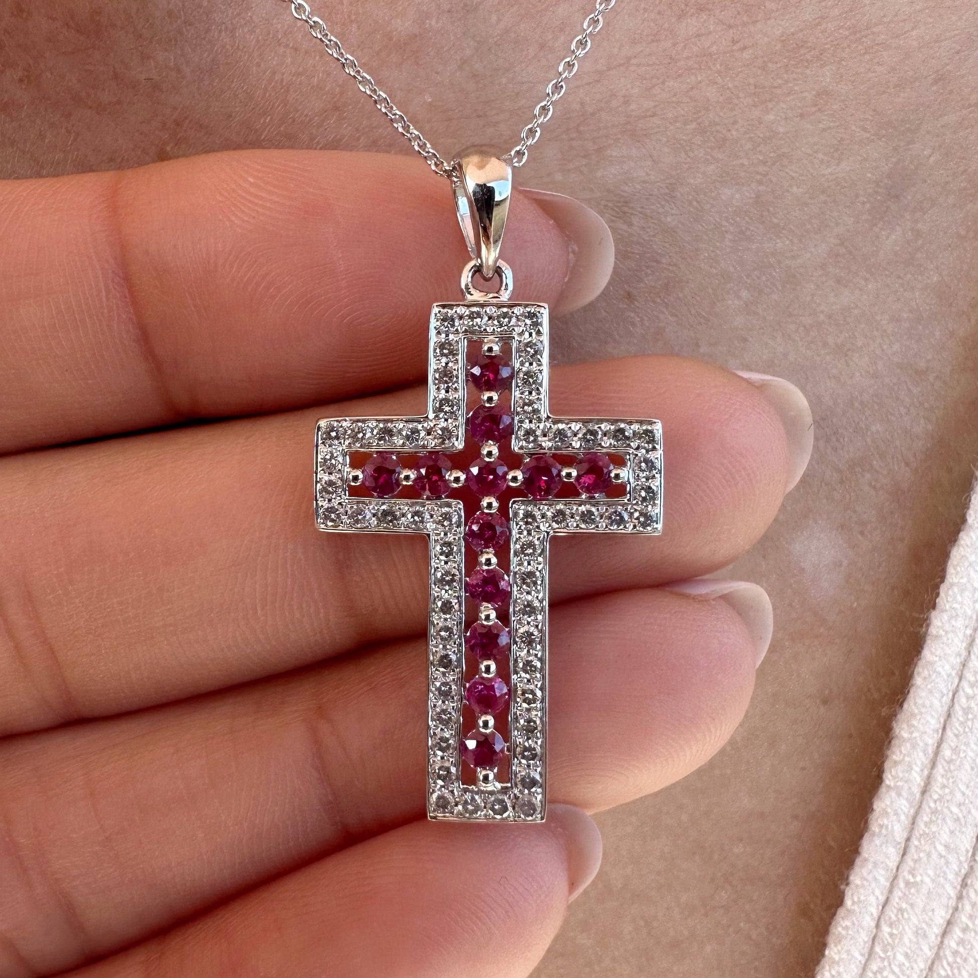 14K Solid White Gold Genuine Ruby and Diamond Cross Pendant (pendant only)