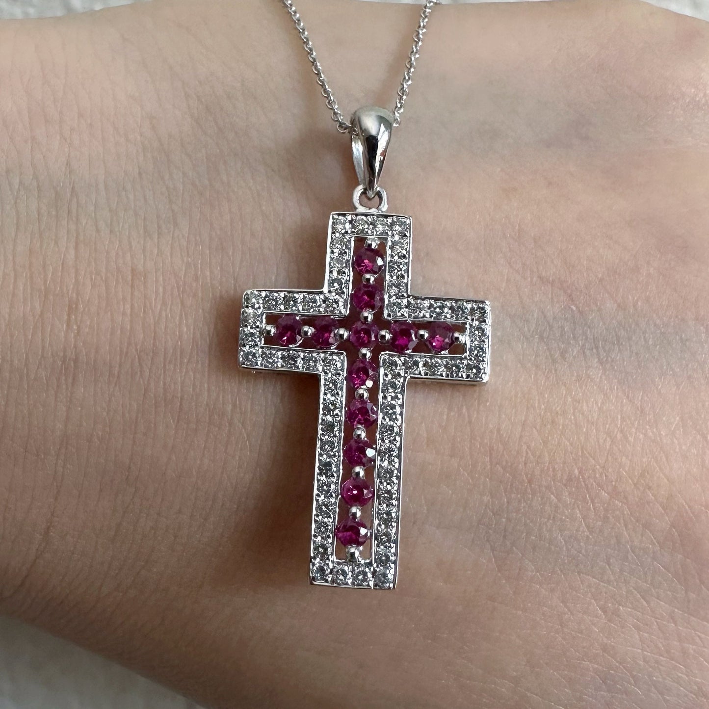 14K Solid White Gold Genuine Ruby and Diamond Cross Pendant (pendant only)