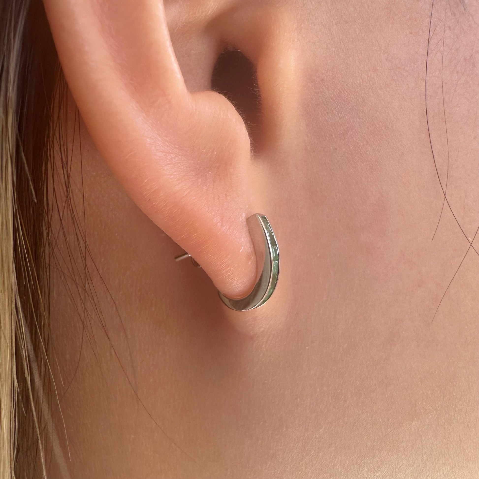 14K Solid Gold Emerald Huggie Earrings/Pair